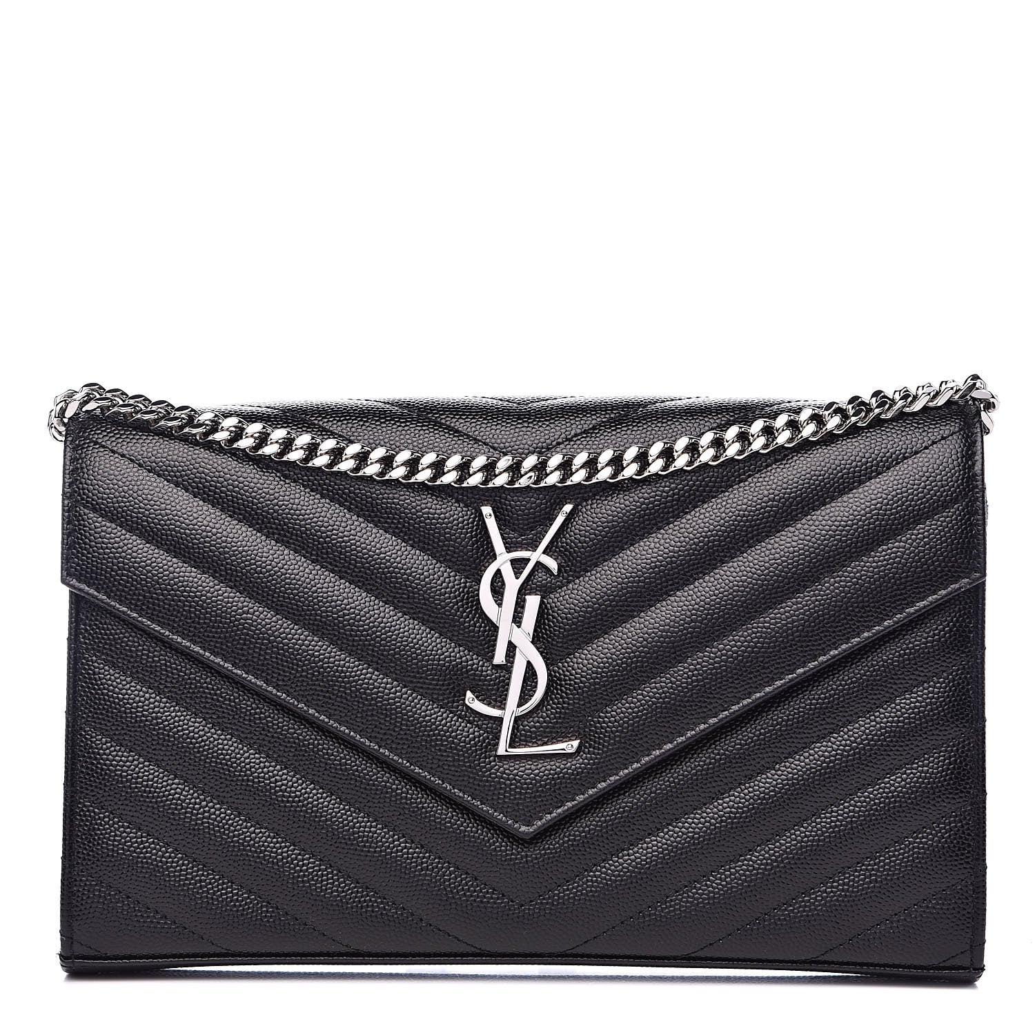 Saint Laurent Grain De Poudre Matelasse Chevron Monogram Chain Wallet Black 1 of 9