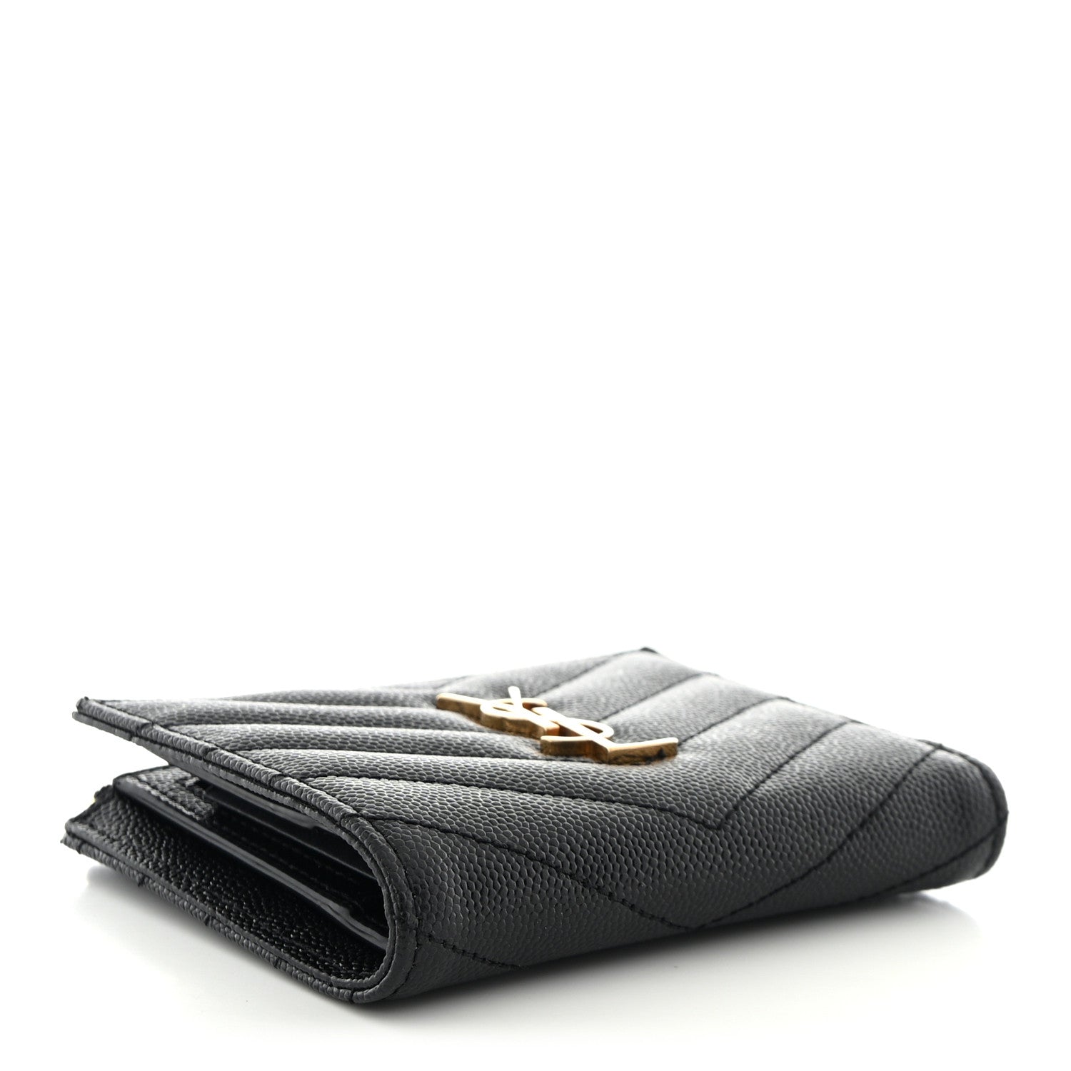 Saint Laurent Grain De Poudre Matelasse Chevron Monogram Zipped Card Case Black 4 of 11