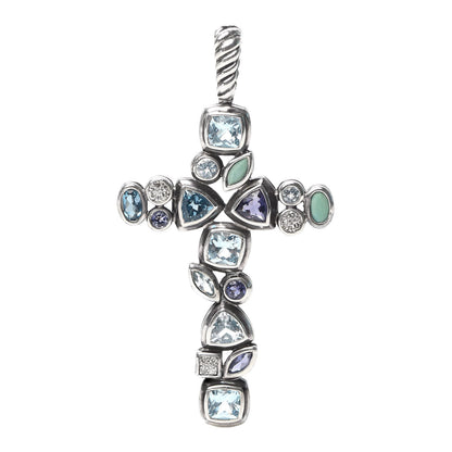David Yurman Sterling Silver Diamond Blue Topaz Turquoise Iolite Mosaic Cross Pendant 1 of 3
