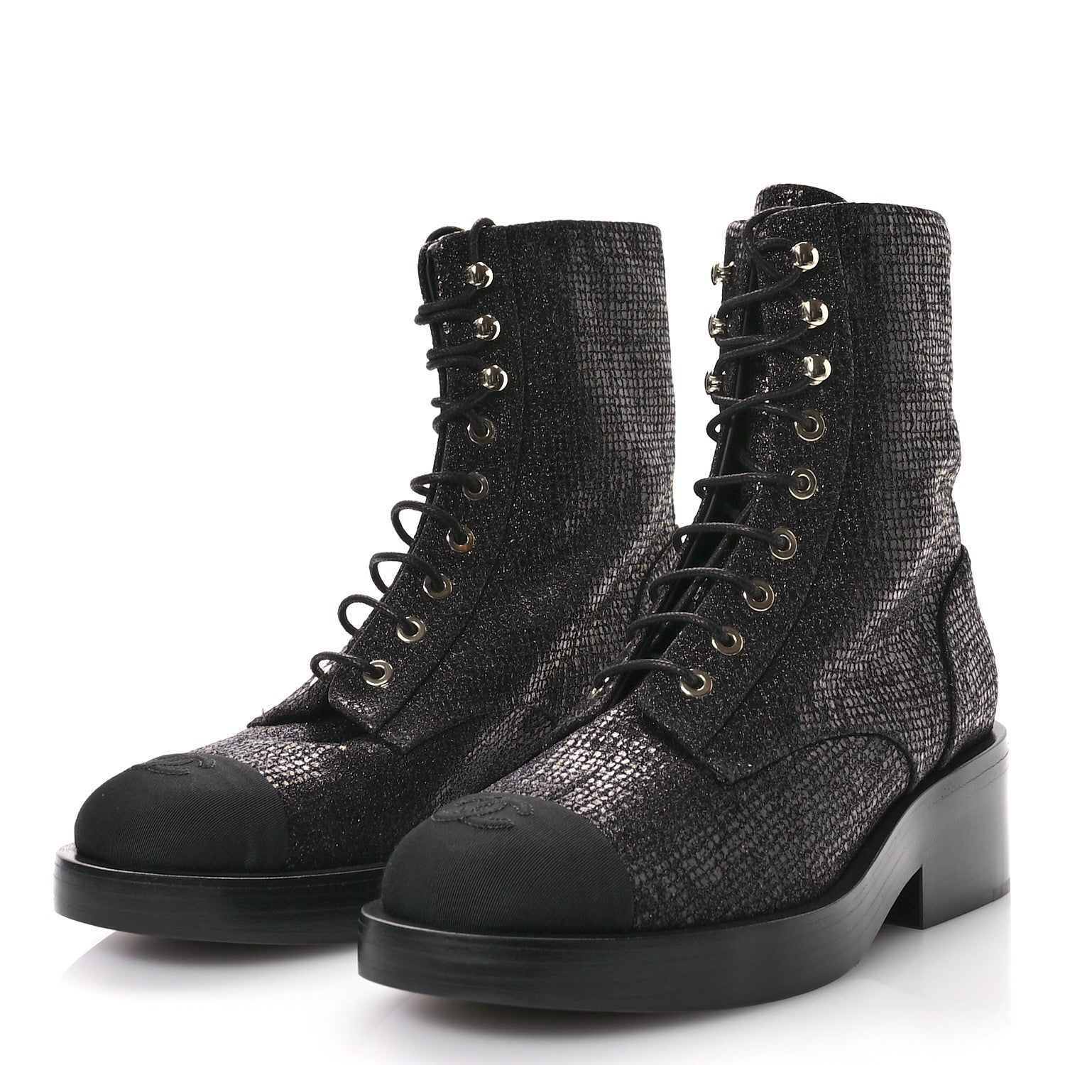 Chanel Fabric Crossgrain Cap Toe Combat Boots 38.5 Black 4 of 9