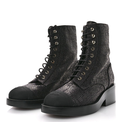 Chanel Fabric Crossgrain Cap Toe Combat Boots 38.5 Black 4 of 9