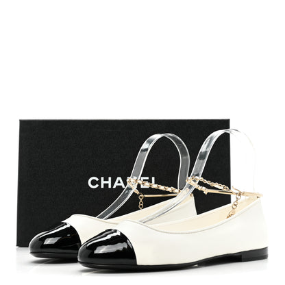 Chanel Lambskin Patent Calfskin Cap Toe Ankle Chain Ballerina Flats 37.5 White Black 9 of 9