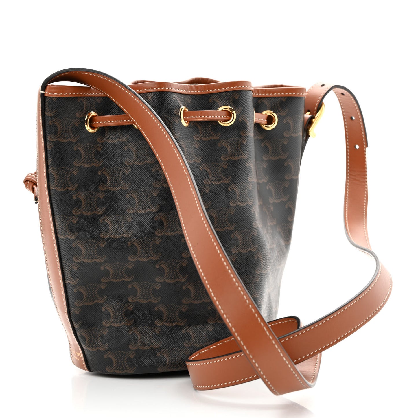 Triomphe Canvas Calfskin Small Drawstring Bucket Bag Tan