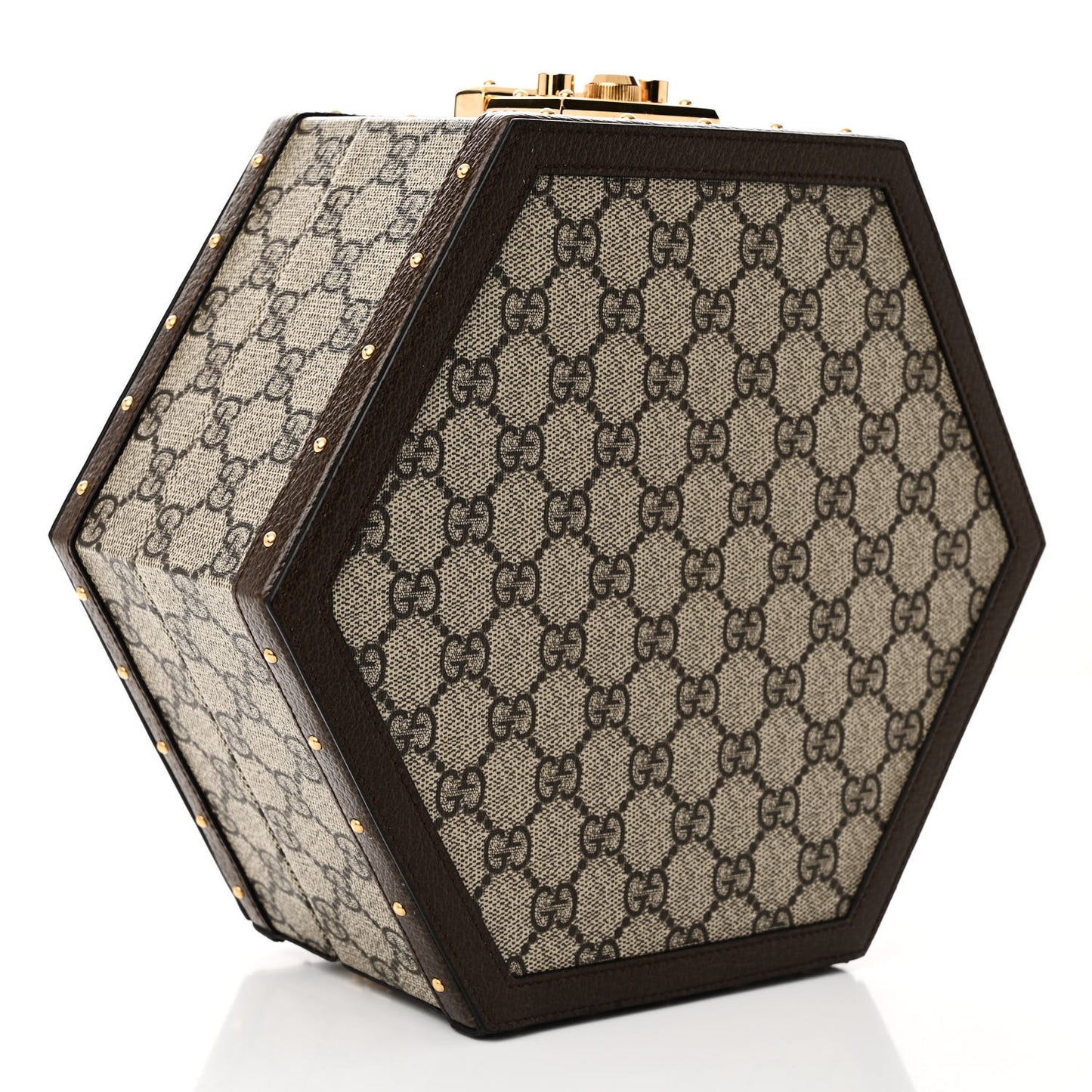 GG Supreme Monogram Textured Dollar Calfskin Studded Padlock Hexagon Top Handle Case Beige Ebony New Acero
