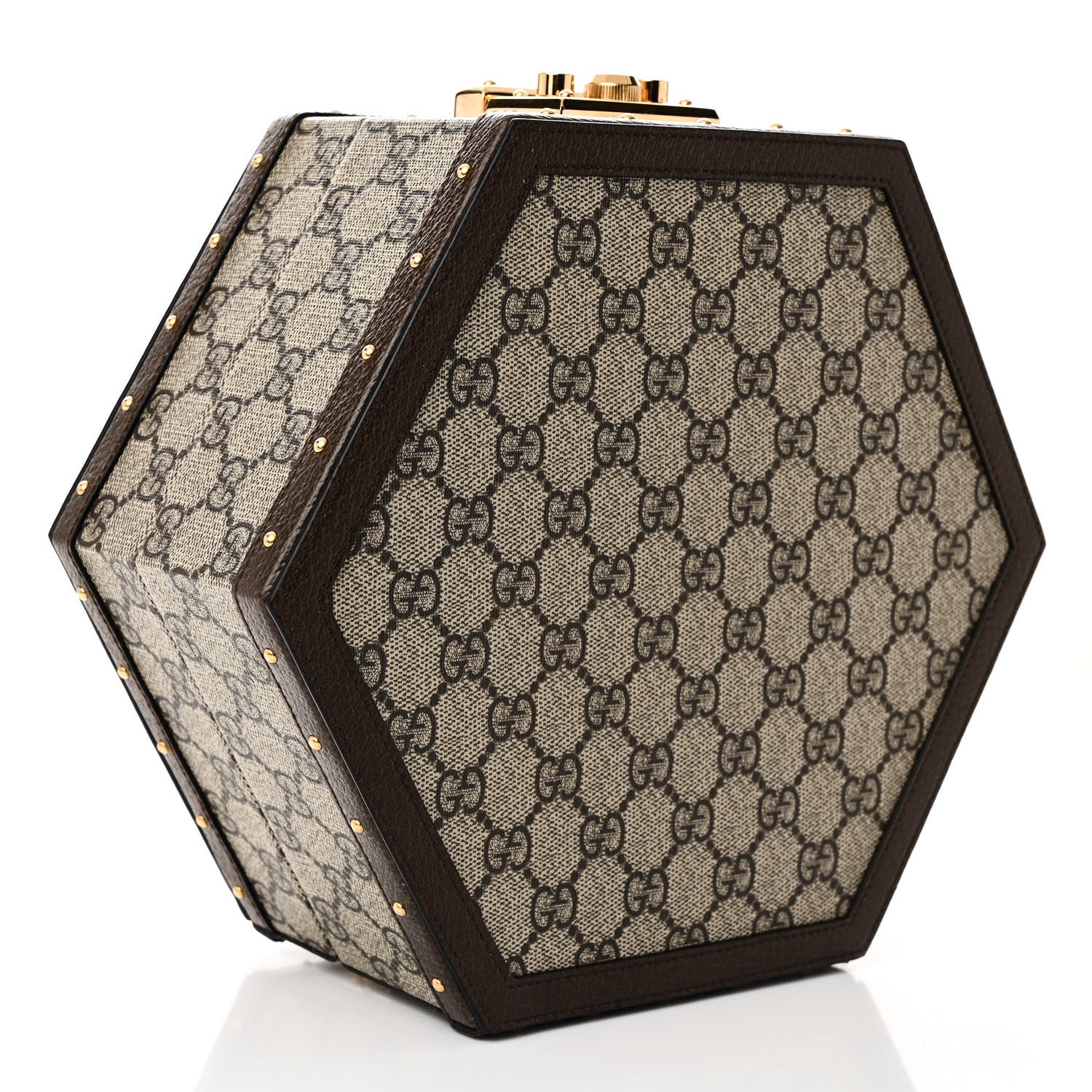 Gucci GG Supreme Monogram Textured Dollar Calfskin Studded Padlock Hexagon Top Handle Case Beige Ebony New Acero 4 of 10