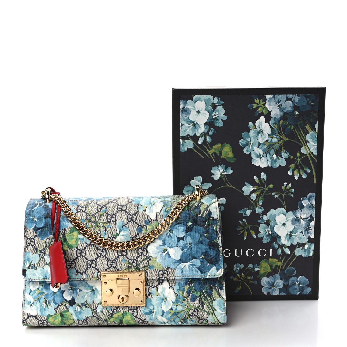GG Supreme Monogram Blooms Medium Padlock Shoulder Bag Beige Blue Navy Hibiscus Red