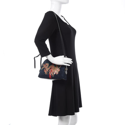 Gucci Suede Patent Dragon Embroidered Small Ophidia Dome Shoulder Bag Blue Multicolor Black 2 of 11