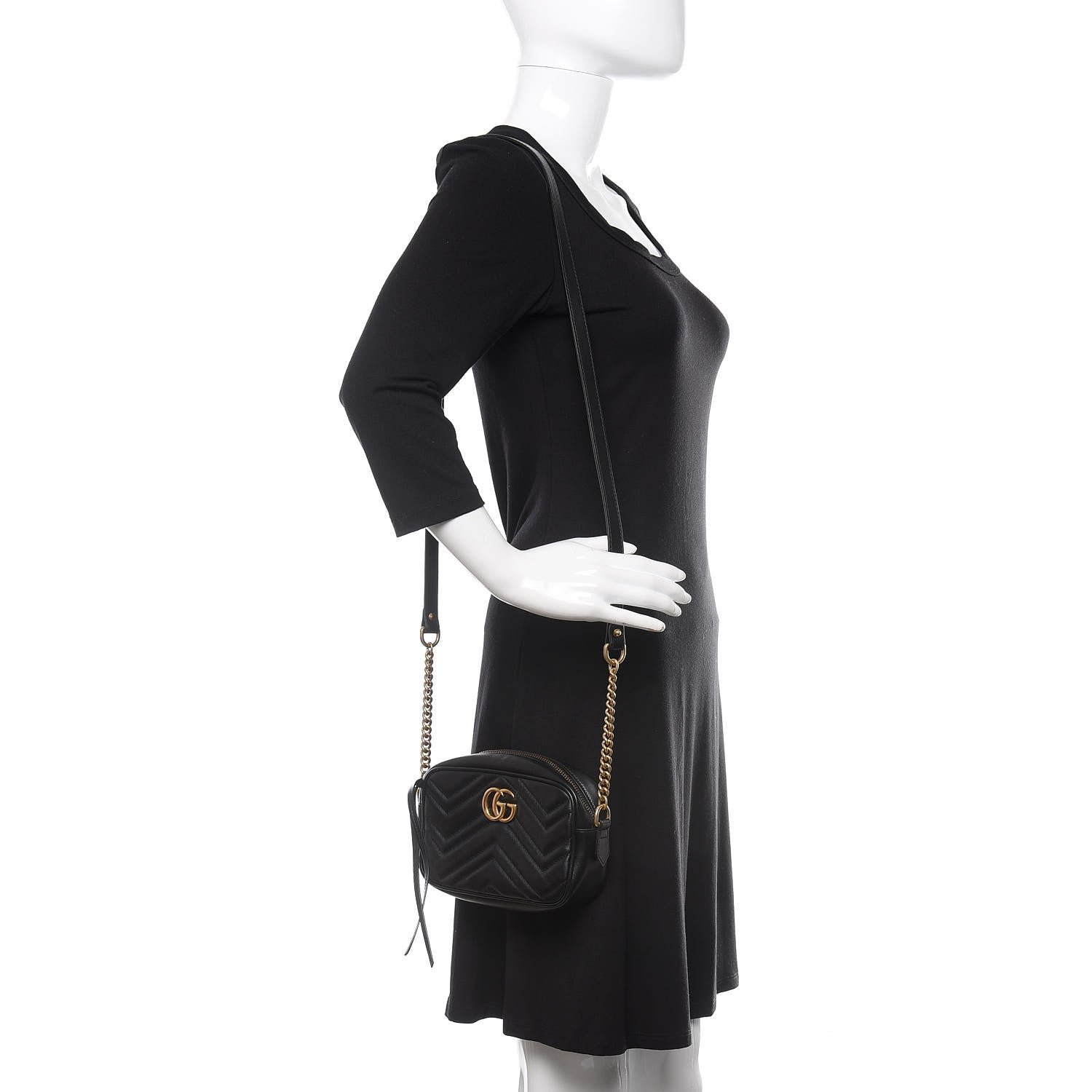 Gucci Calfskin Matelasse Mini GG Marmont Chain Shoulder Bag Black 2 of 13