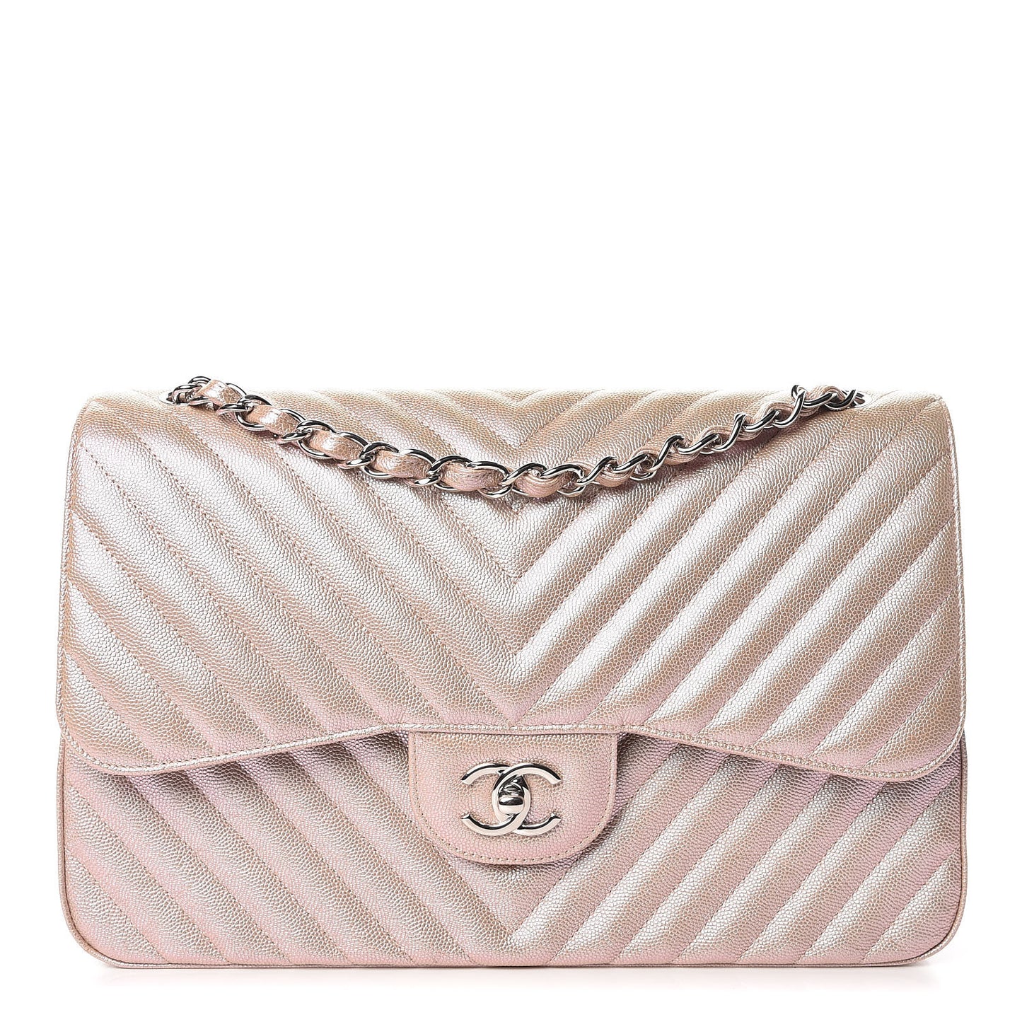 Metallic Caviar Chevron Quilted Jumbo Double Flap Light Gold