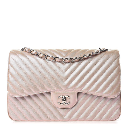 Chanel Metallic Caviar Chevron Quilted Jumbo Double Flap Light Gold 1 of 13