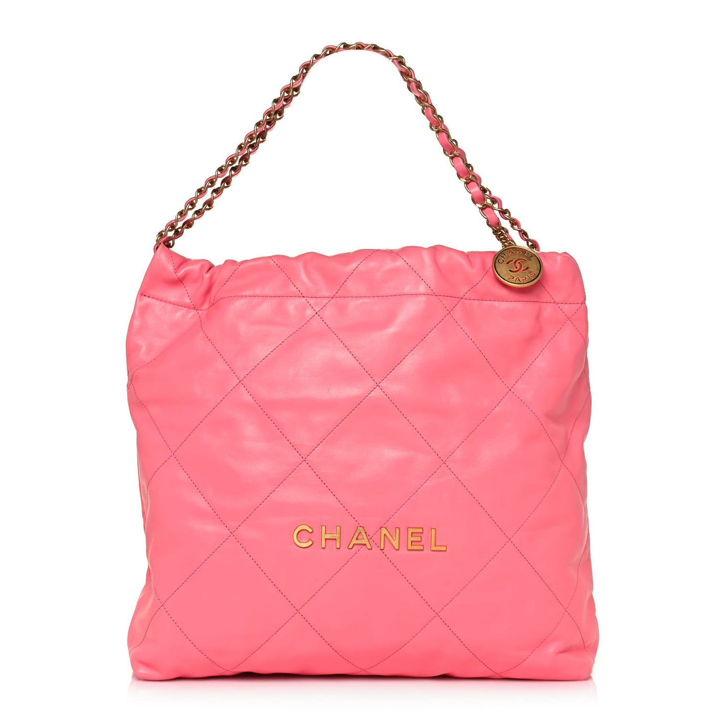 Shiny Calfskin Quilted Chanel 22 Drawstring Bag Coral Pink