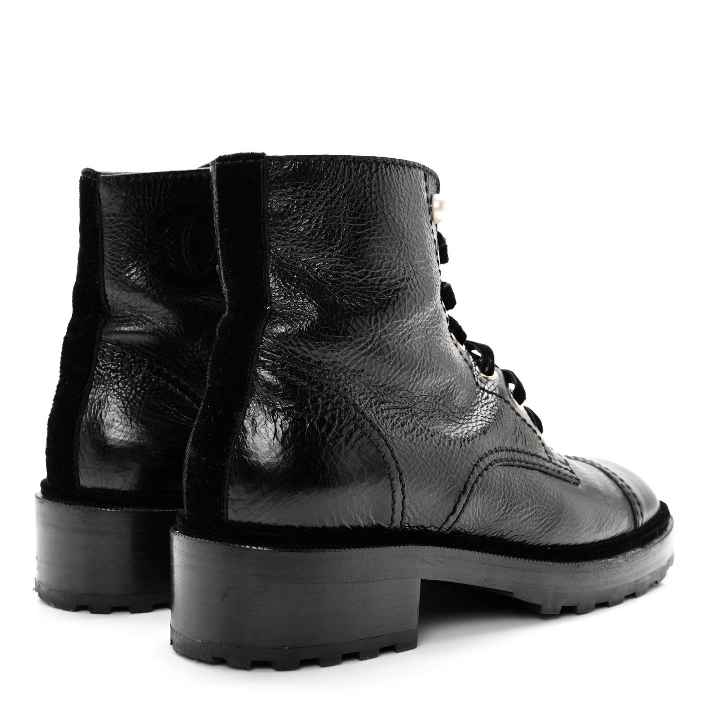 Shiny Calfskin Velvet Pearl Combat Short Boots 40 Black