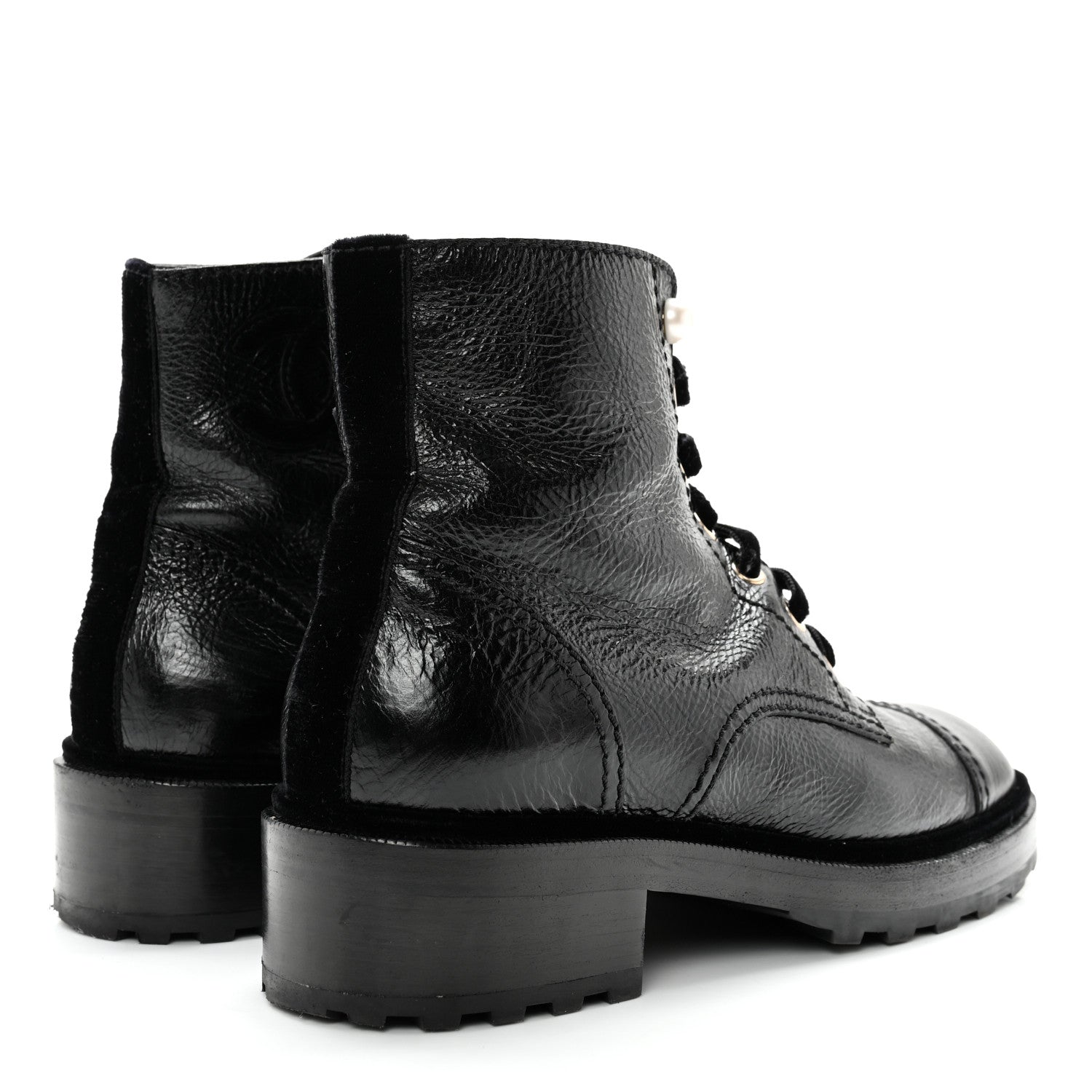 Chanel Shiny Calfskin Velvet Pearl Combat Short Boots 40 Black 4 of 13