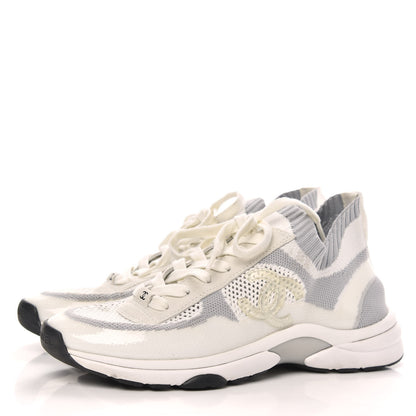 Chanel Fabric Suede Calfskin Stretch CC Sneakers 40 White Grey 3 of 8