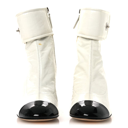 Chanel Crumpled Patent Calfskin Cap Toe CC Turnlock Ankle Short Boots 37.5 Ivory Black 3 of 15