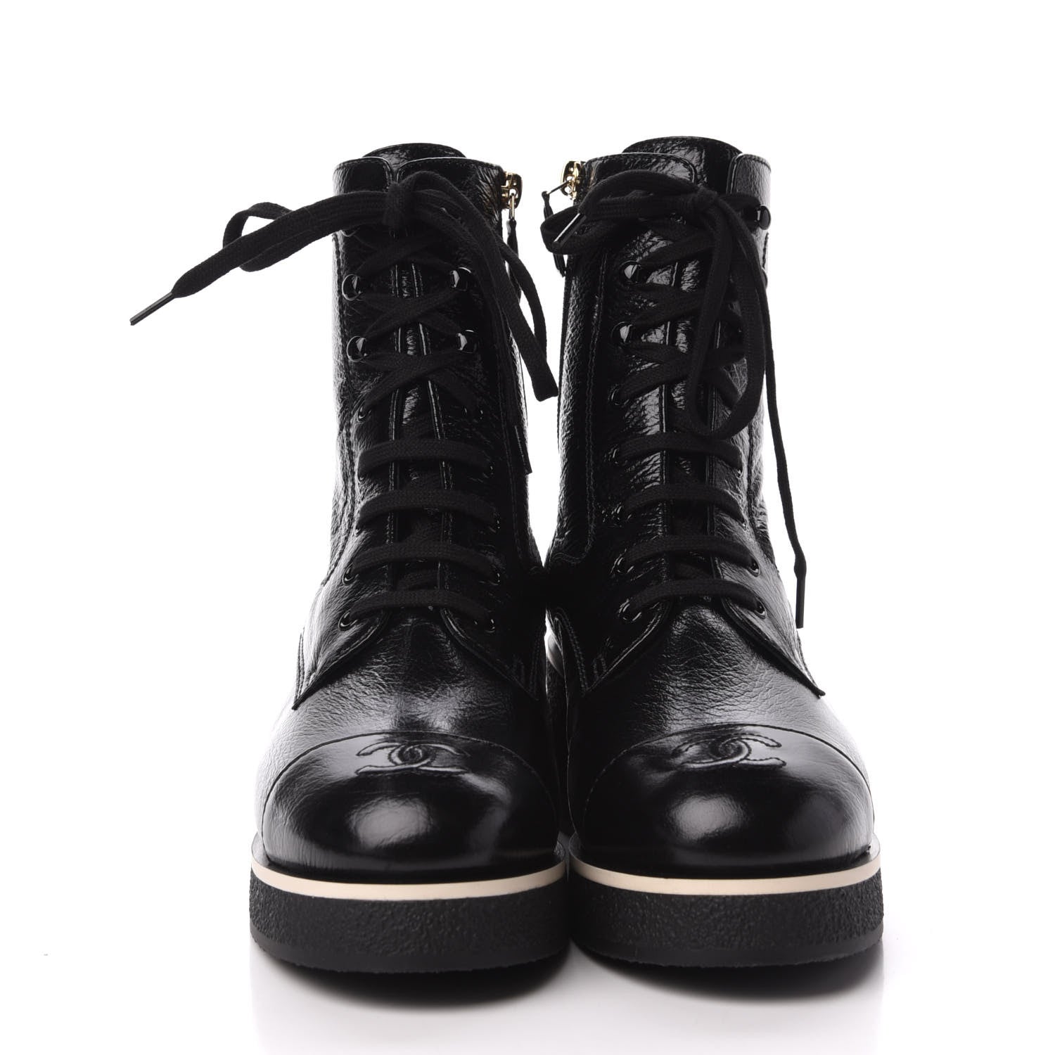 Chanel Shiny Crumpled Lambskin Cap Toe CC Lace Up Boots 40.5 Black 2 of 8