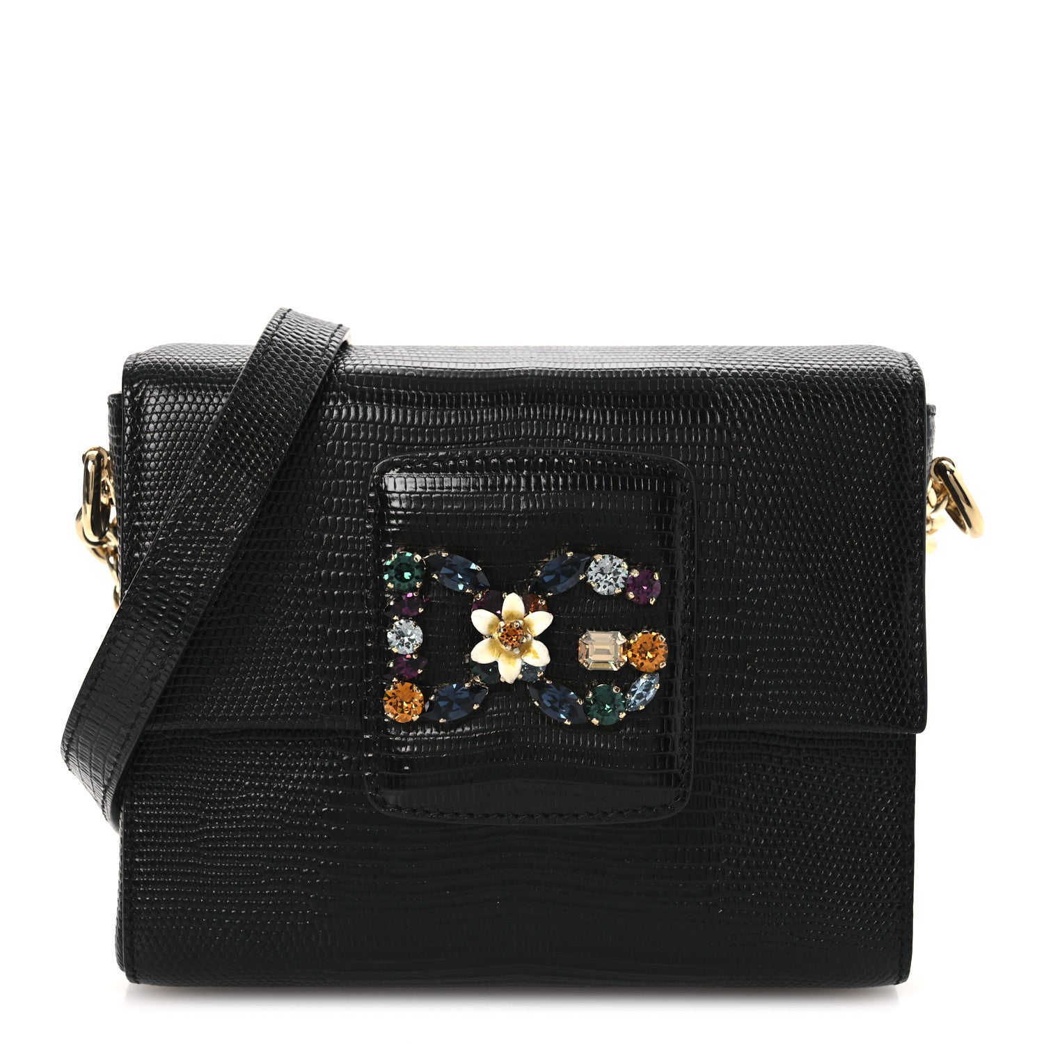 Dolce & Gabbana Lizard Embossed Crystal Embellished DG Millennials Mini Crossbody Bag Black 1 of 10