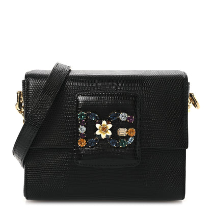 Dolce & Gabbana Lizard Embossed Crystal Embellished DG Millennials Mini Crossbody Bag Black 1 of 10