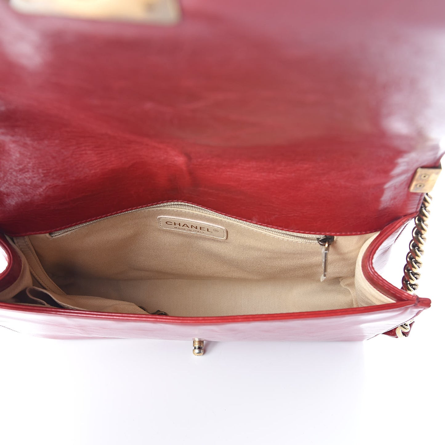 Aged Glazed Calfskin Quilted Large Boy Flap Red
