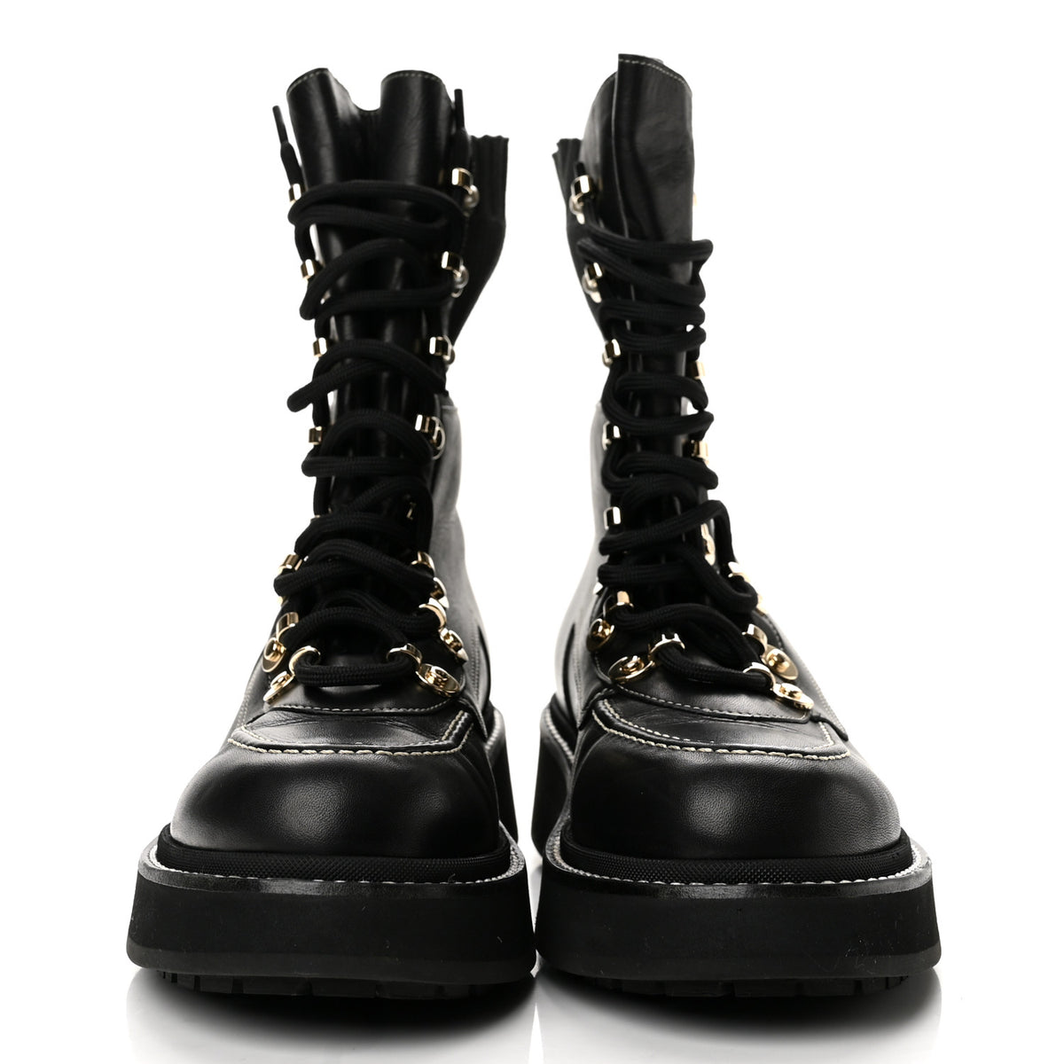 Calfskin Knit Lace Up Combat Boots 38.5 Black Dark Grey