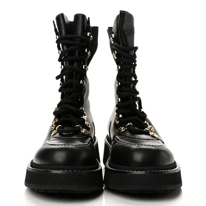 Chanel Calfskin Knit Lace Up Combat Boots 38.5 Black Dark Grey 3 of 10