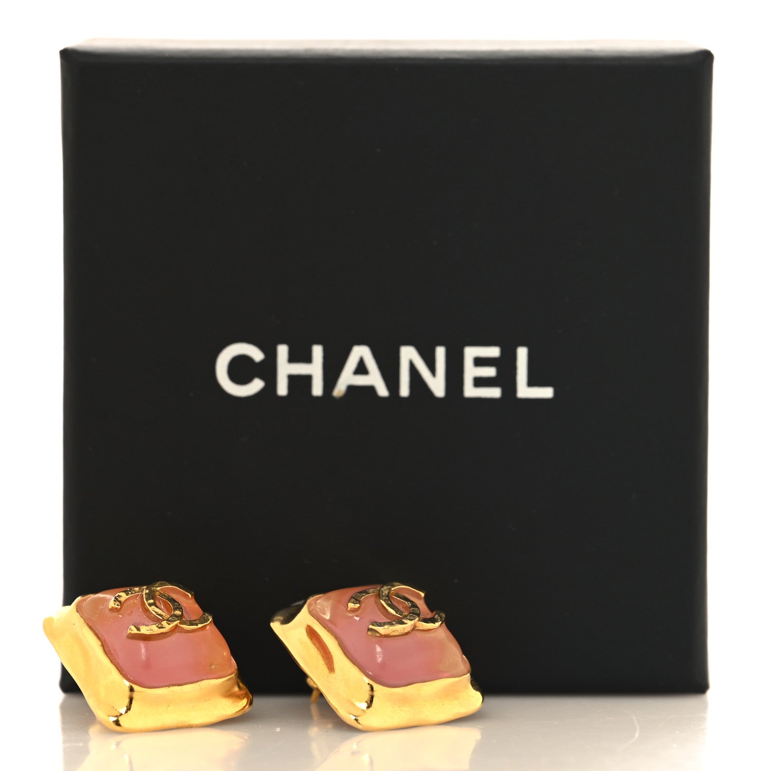 Chanel Metal Resin CC Square Earrings Gold Pink 5 of 5