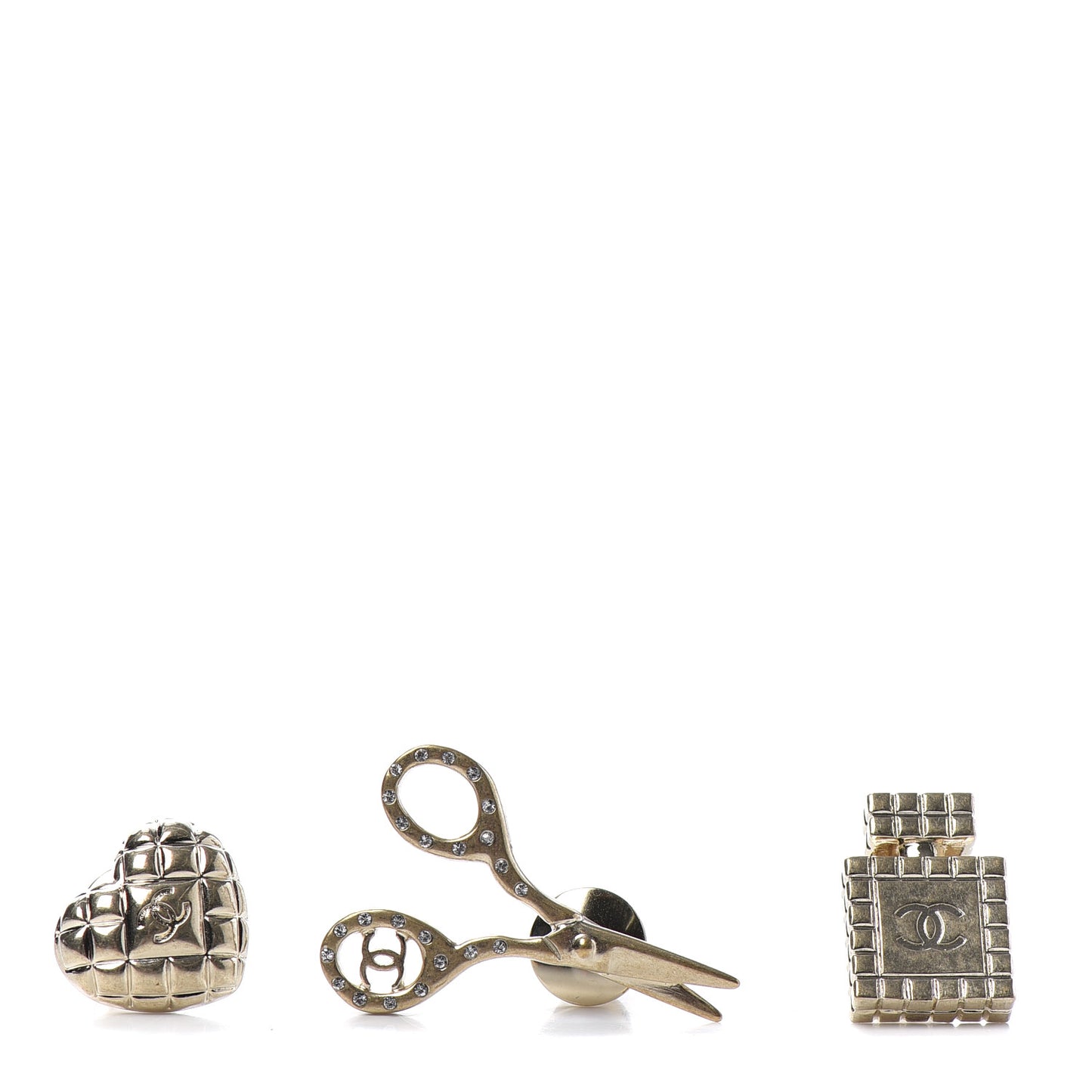 Metal Strass Crystal Quilted CC Heart Scissors Perfume Brooch Set Gold