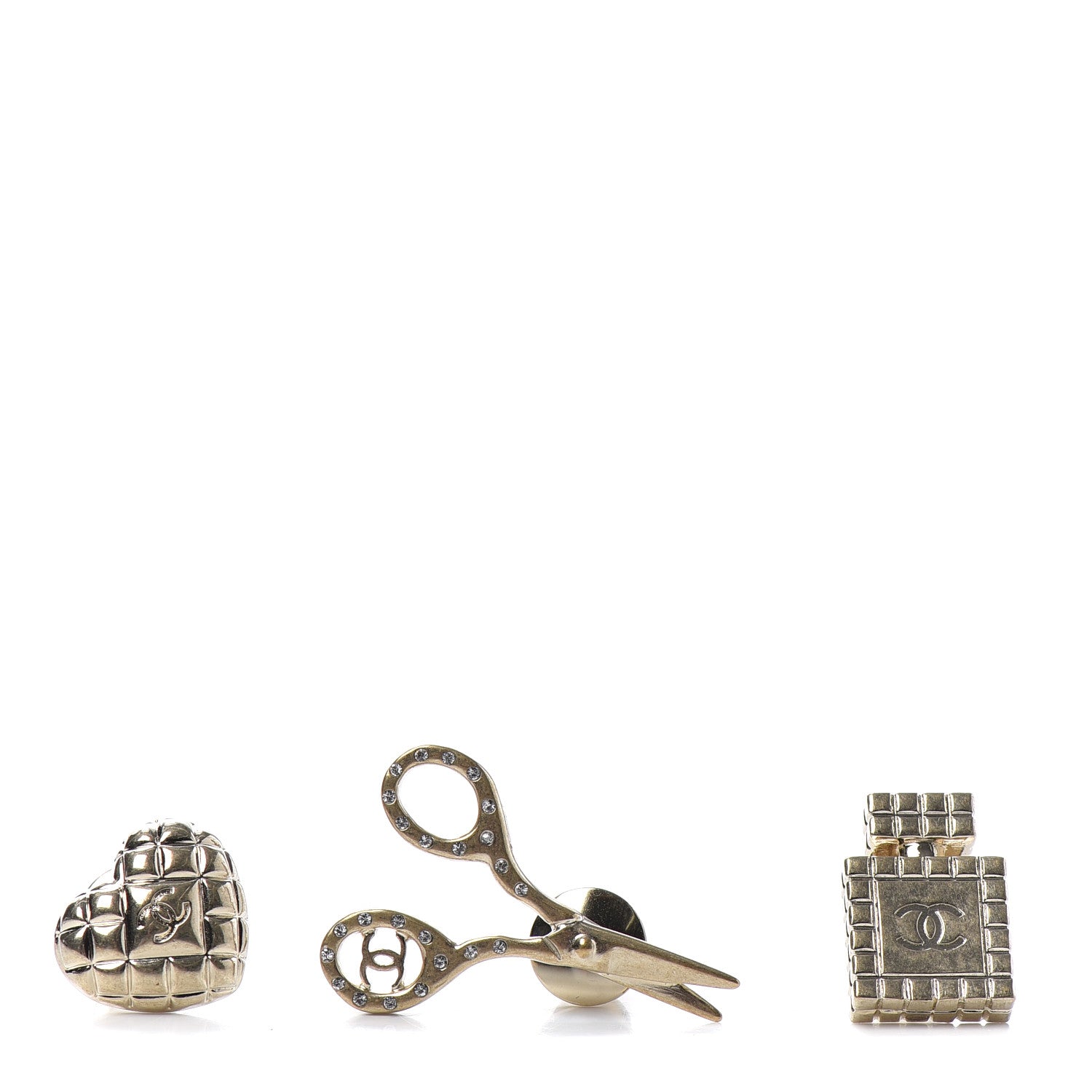 Chanel Metal Strass Crystal Quilted CC Heart Scissors Perfume Brooch Set Gold 1 of 4