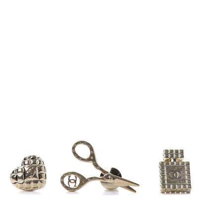 Chanel Metal Strass Crystal Quilted CC Heart Scissors Perfume Brooch Set Gold 1 of 4