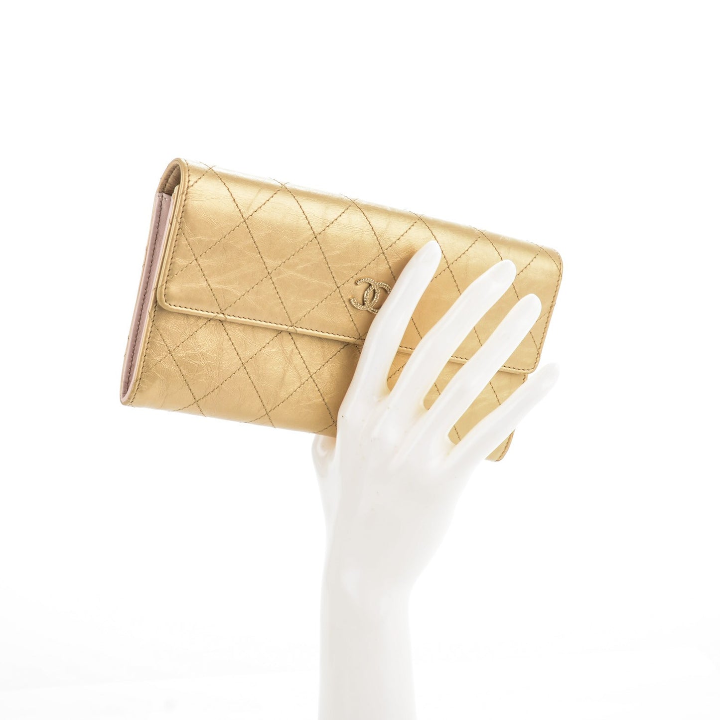 Aged Metallic Calfskin Quilted Large Palette Flap Wallet Gold