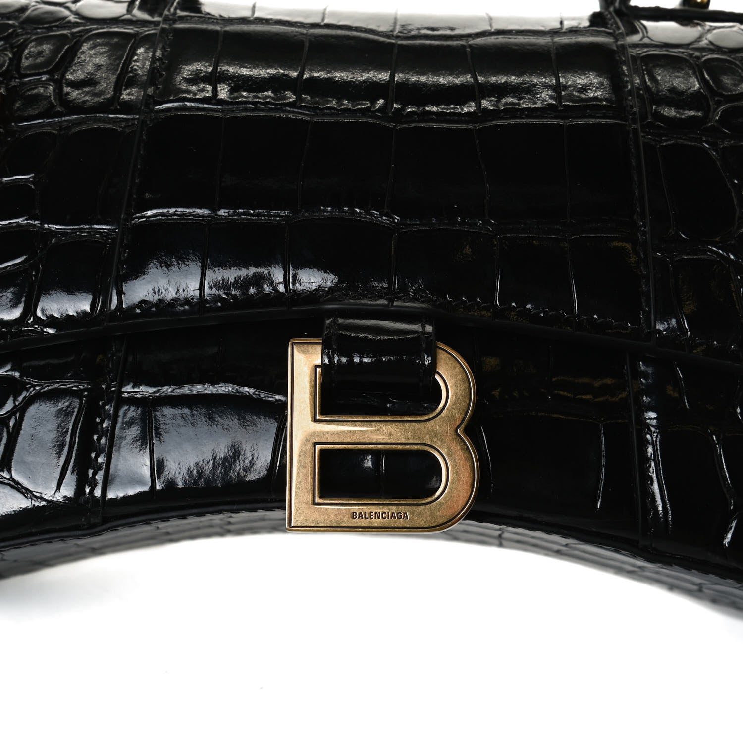 Balenciaga Shiny Calfskin Crocodile Embossed Hourglass Top Handle Bag XS Black 6 of 13