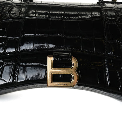 Balenciaga Shiny Calfskin Crocodile Embossed Hourglass Top Handle Bag XS Black 6 of 13