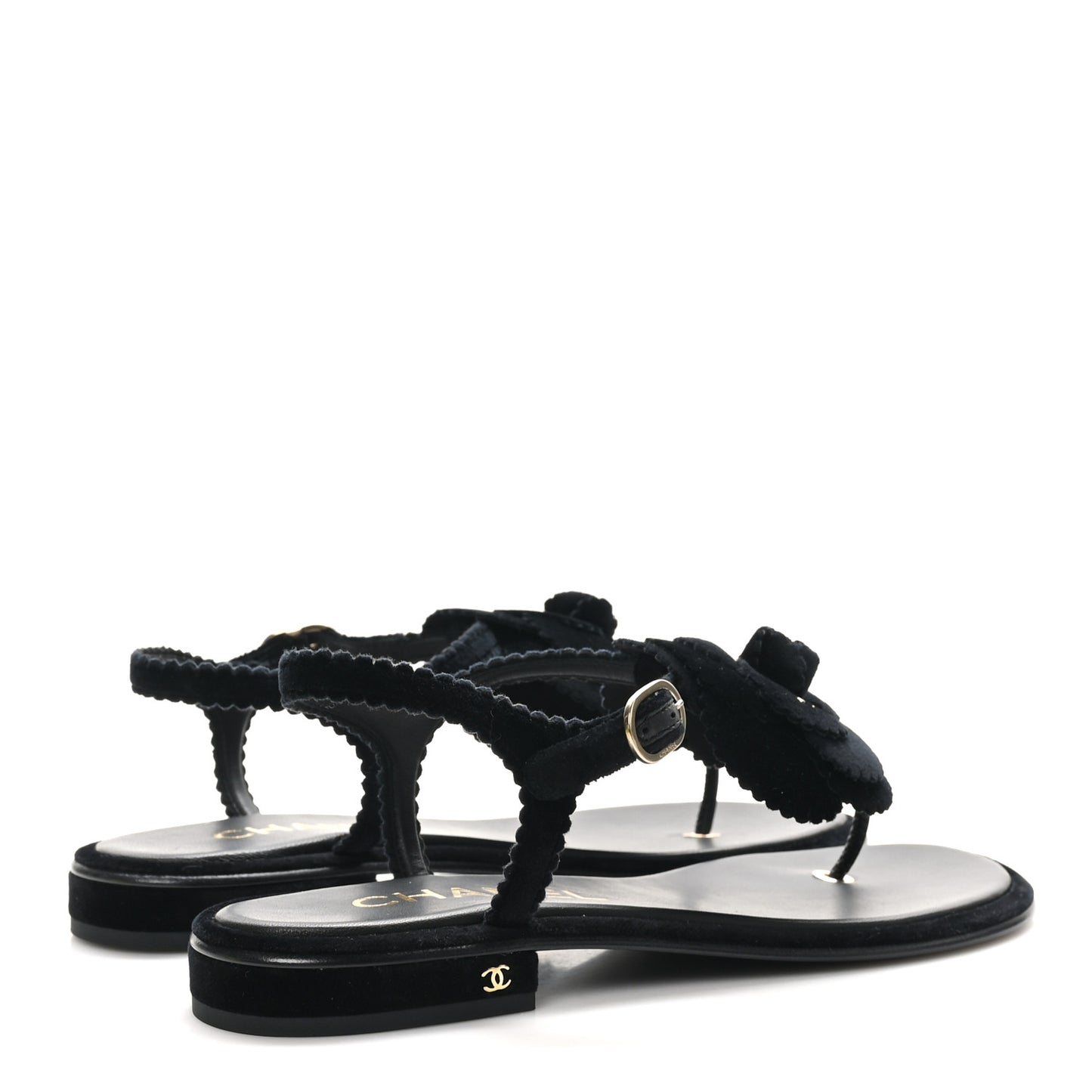 Velvet Pearl Camellia Thong Sandals 38 Black