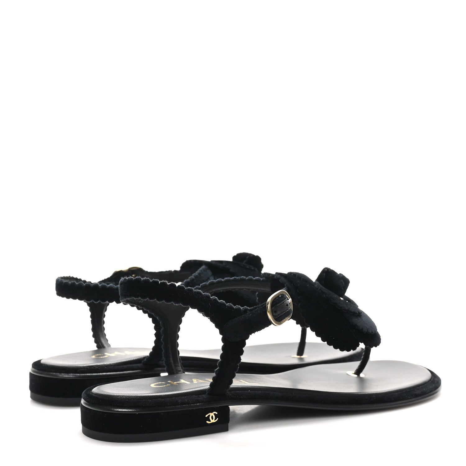 Chanel Velvet Pearl Camellia Thong Sandals 38 Black 5 of 10