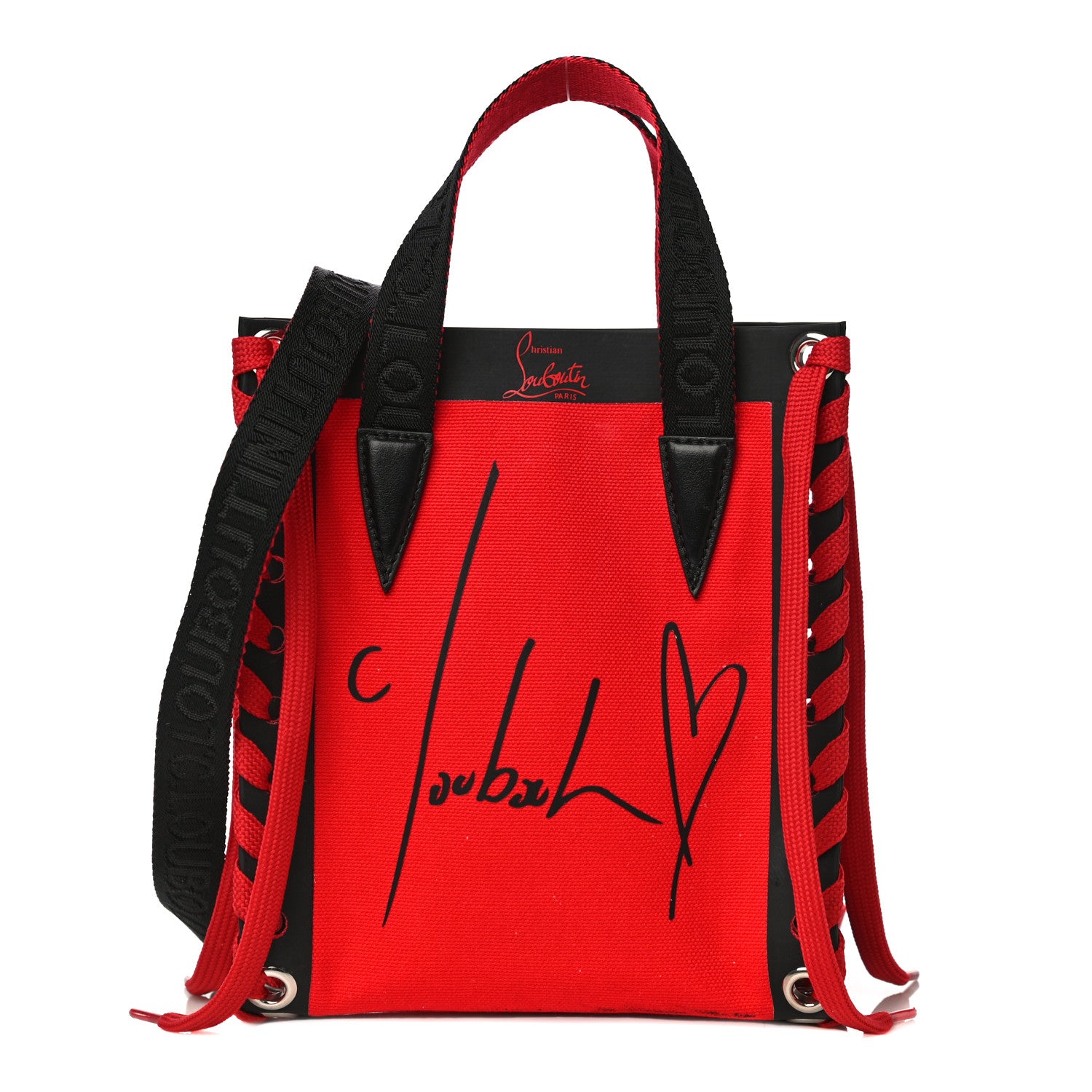 Christian Louboutin Braided Canvas Mini Cabalace Shopper Tote Red Black 1 of 13