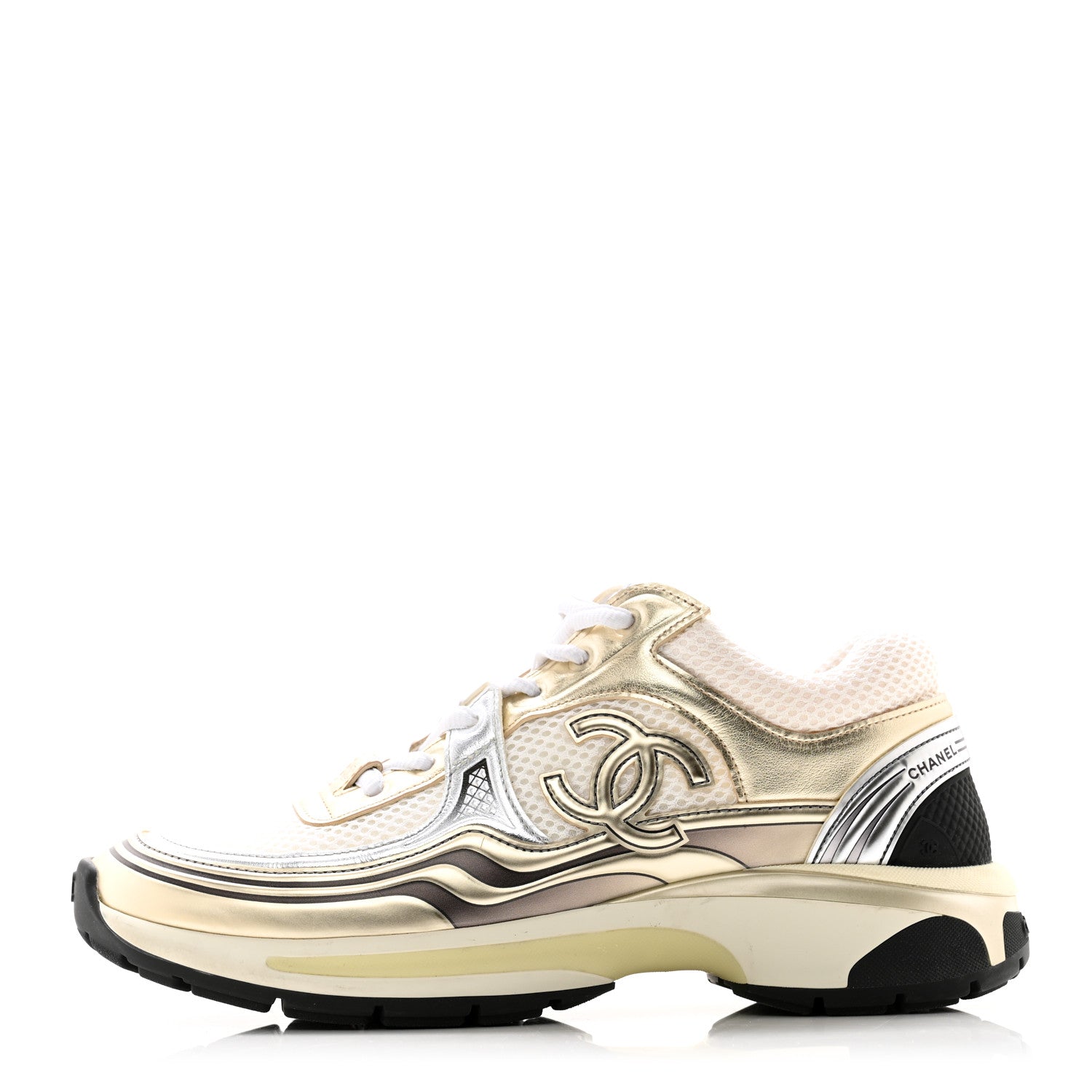 Chanel Fabric Laminated Calfskin Stretch CC Sneakers 39 White Gold Silver 1 of 11