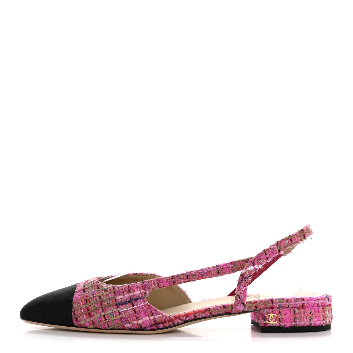 Chanel Tweed Grosgrain Cap Toe CC Slingback Flat 40 Pink Black 1 of 12