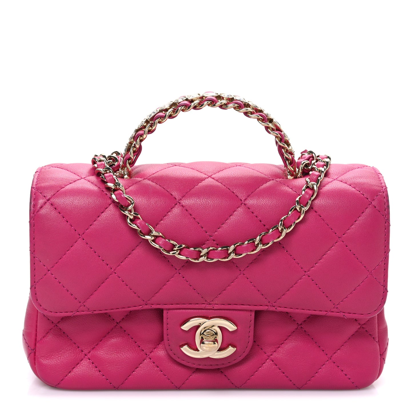 Lambskin Quilted Mini Crystal Top Handle Rectangular Flap Dark Pink