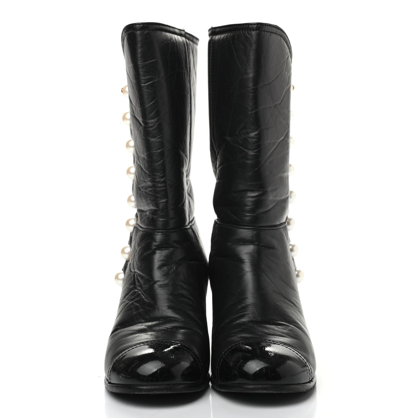 Calfskin Patent Pearl Cap Toe Boots 37 Black