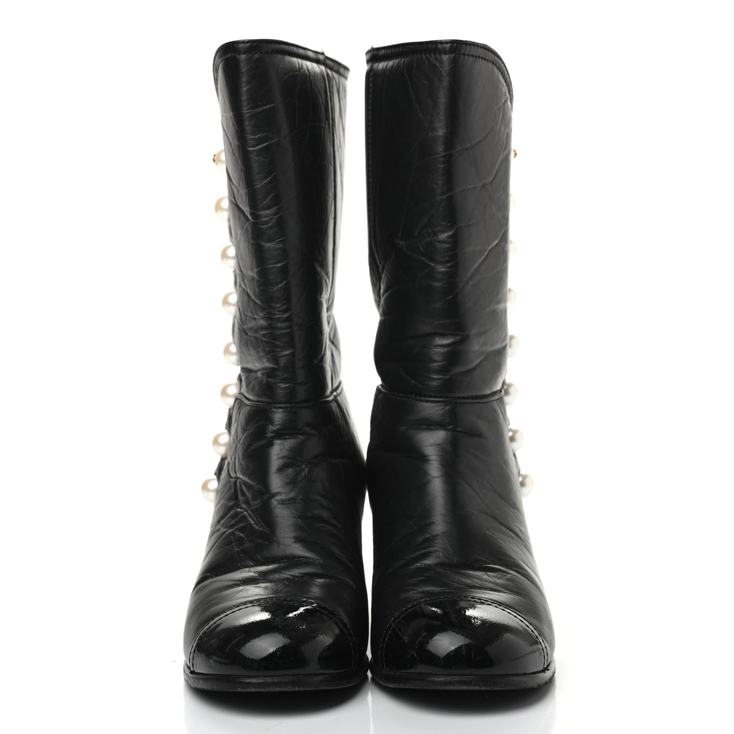 Chanel Calfskin Patent Pearl Cap Toe Boots 37 Black 2 of 10