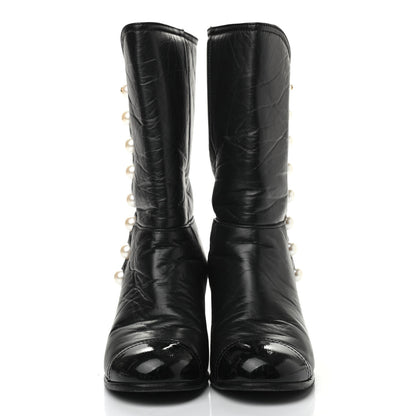 Chanel Calfskin Patent Pearl Cap Toe Boots 37 Black 2 of 10