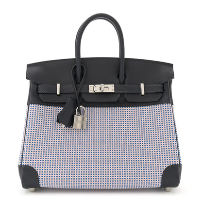 Hermes Toile Quadrille Swift Birkin 25 Caban Ecru Mauve Sylvestre Bleu Bill 1 of 11
