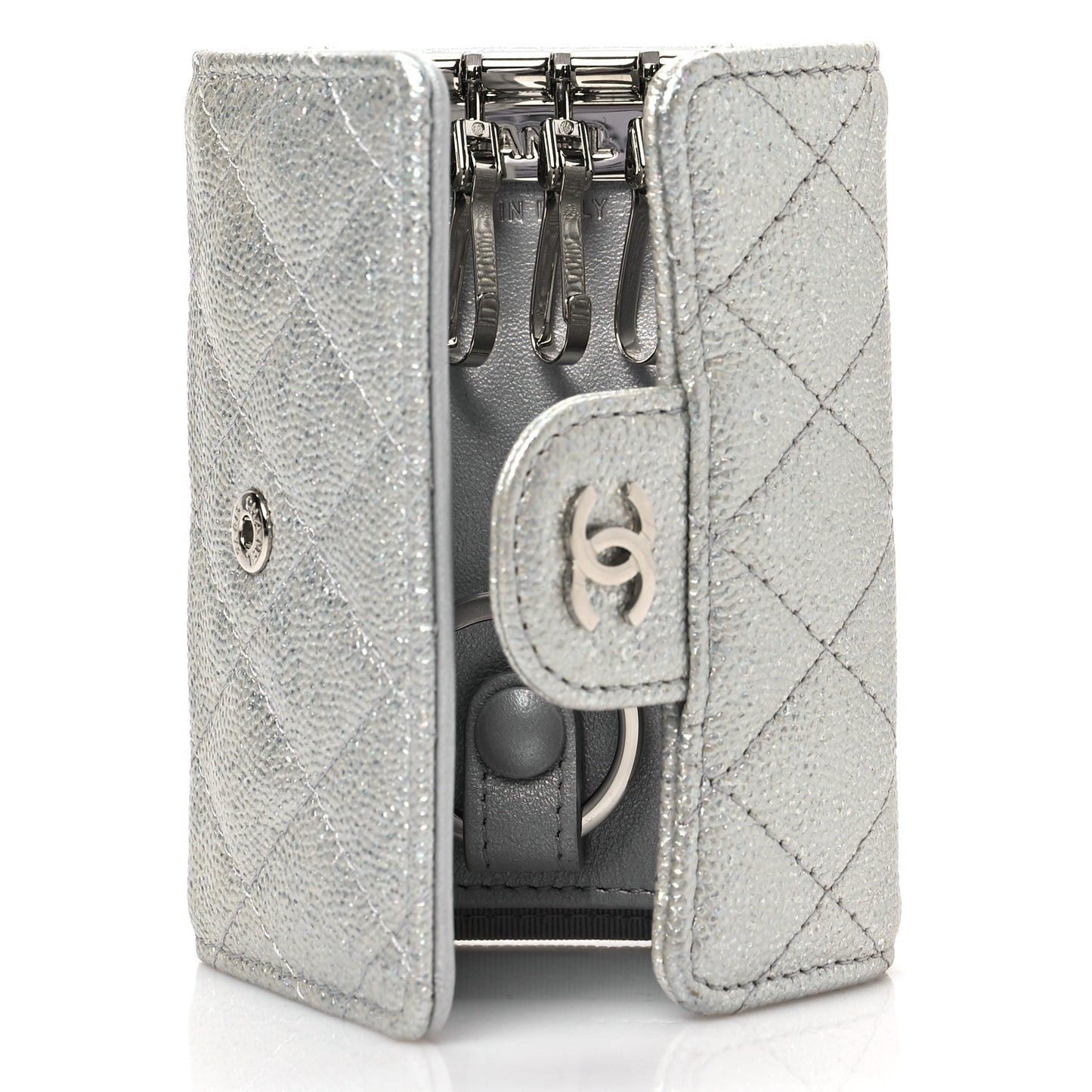Metallic Caviar Quilted Classic 4 Key Holder Wallet Silver