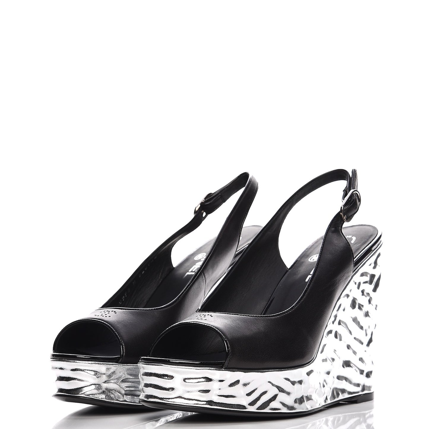 Lambskin Metallic Wedge Open Toe Pumps 40.5 Black