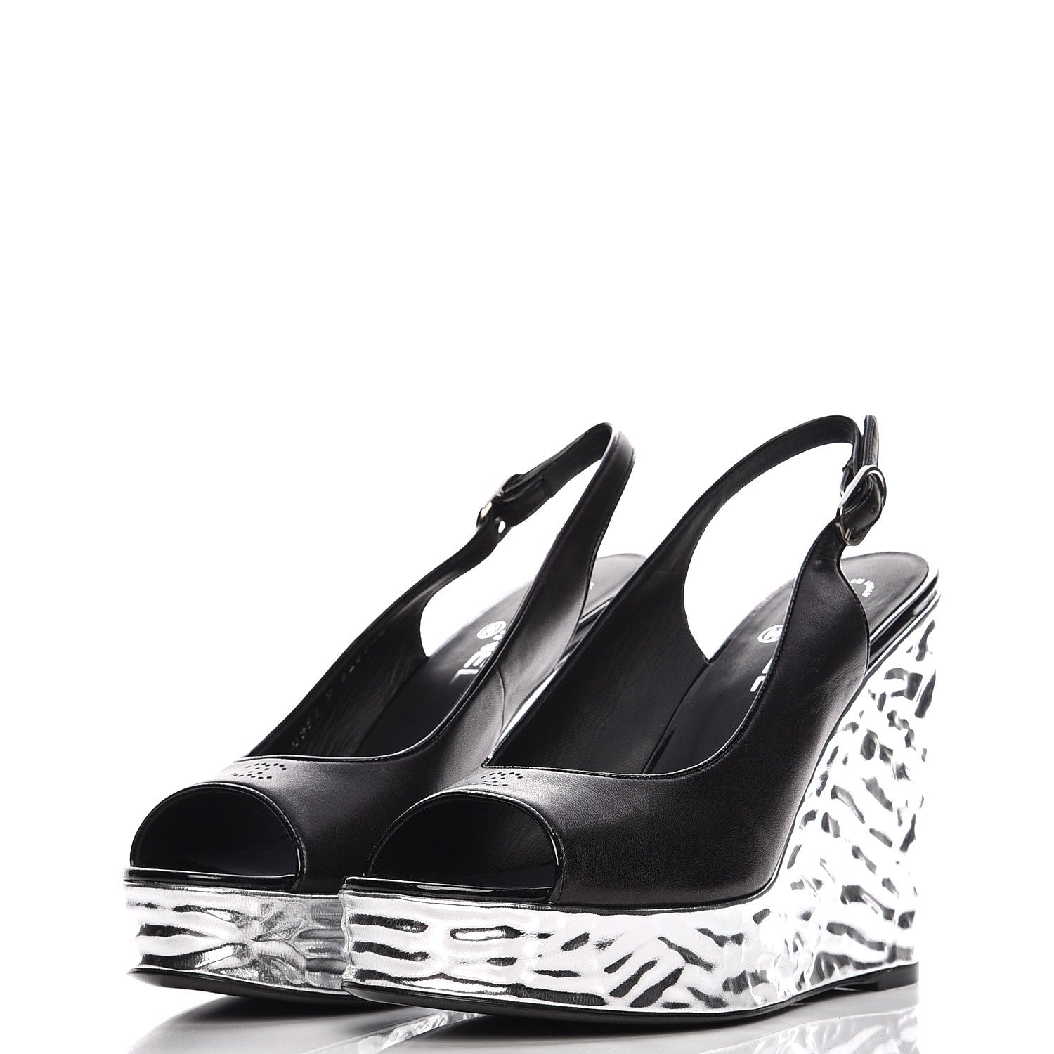 Chanel Lambskin Metallic Wedge Open Toe Pumps 40.5 Black 2 of 11