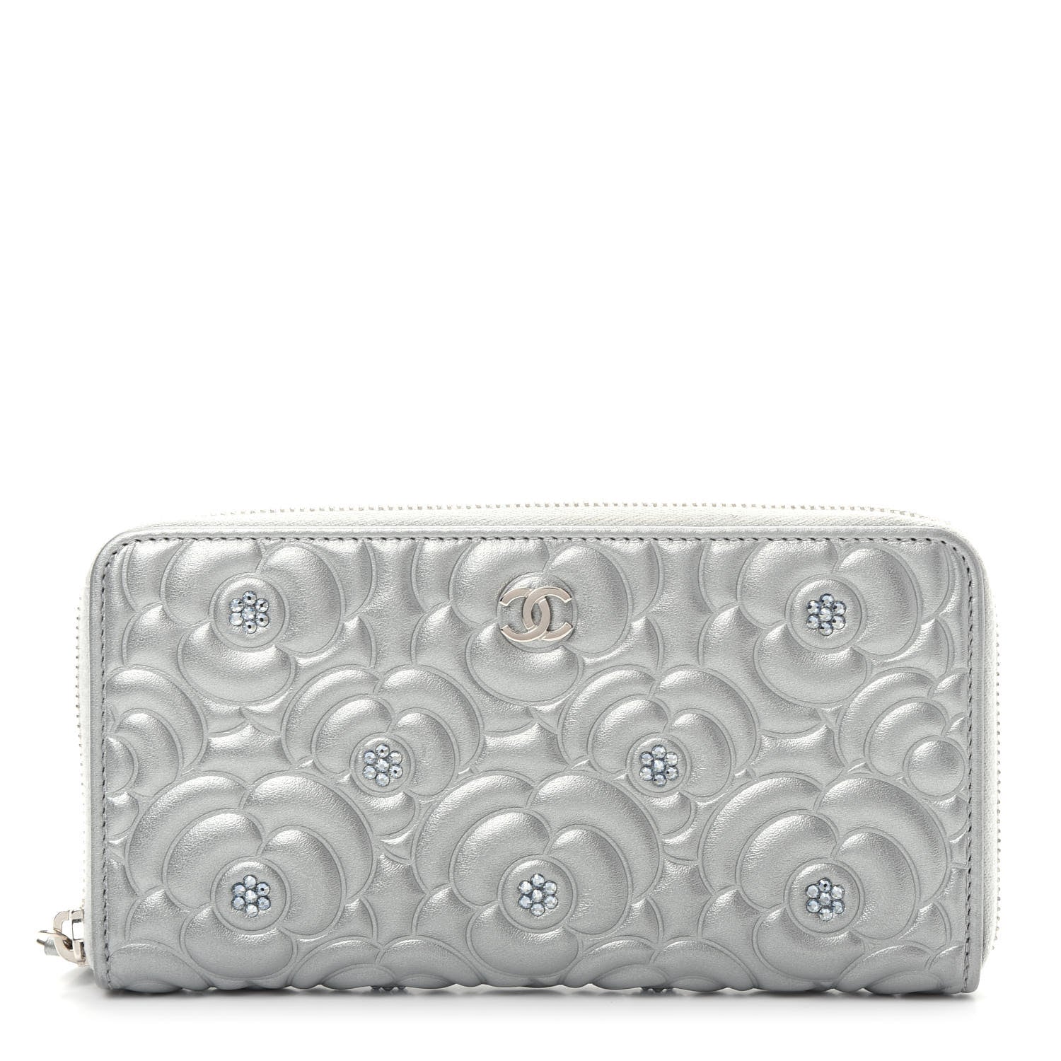 Chanel Metallic Lambskin Camellia Crystal Large Gusset Zip Around Wallet Silver 1 of 9