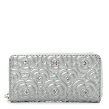 Chanel Metallic Lambskin Camellia Crystal Large Gusset Zip Around Wallet Silver 1 of 9