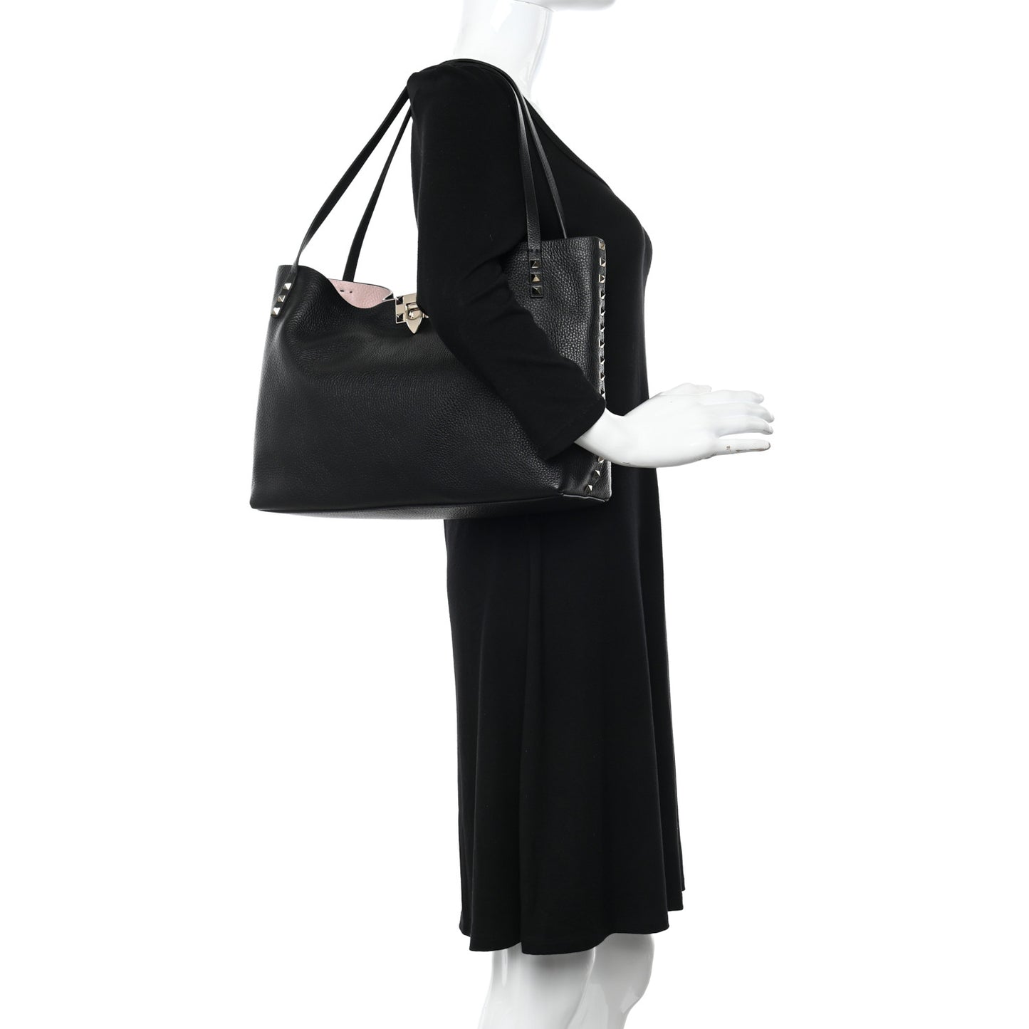Grainy Calfskin Medium Rockstud Tote Black Rose Quartz