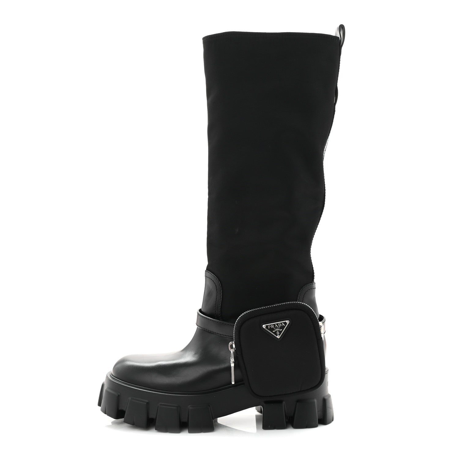 Prada Spazzolato Rois Re-Nylon Metal Triangle Logo Monolith Pouch Pocket 55mm Tall Boots 39 Black 1 of 8