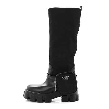 Prada Spazzolato Rois Re-Nylon Metal Triangle Logo Monolith Pouch Pocket 55mm Tall Boots 39 Black 1 of 8